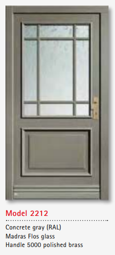 UNILUX Model 2212 Concrete Gray Door, Madras Flos Glass, Polished Brass Handle, Security Lock, Custom Timber Door